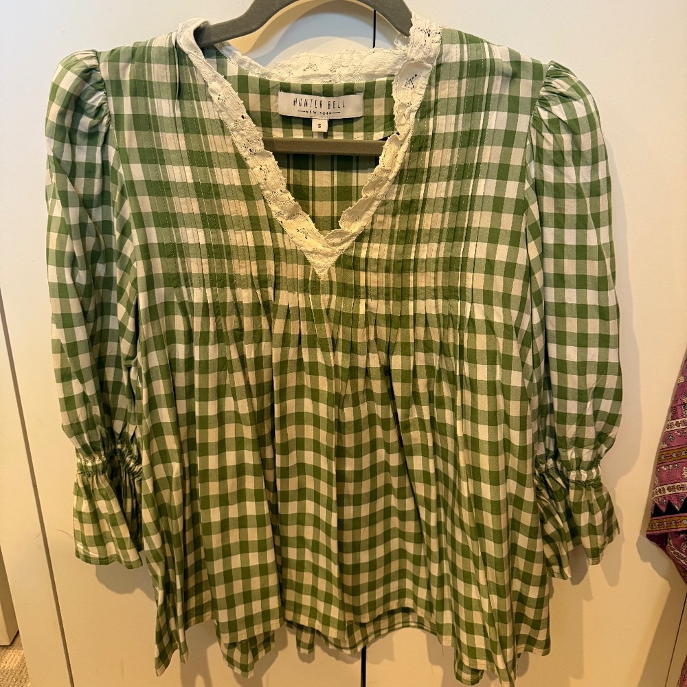 HUNTER BELL Green and White Gingham Lace-Trim Peasant Blouse